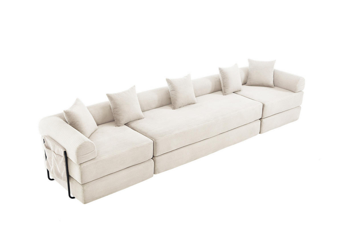 MODULARES Schlafsofa 270/180/64 cm aus Cord mit Seitentasche Beige - Beige, Textil (180/64/270cm) - Modenvie