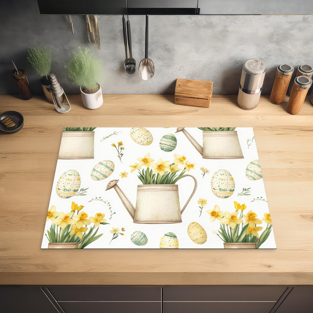 HERDABDECKPLATTE Gießkanne - Blumen - Eier Herdabdeckung Induktionsfeld 70x52 cm - Weiß, Kunststoff (70/52/0.2cm) - MuchoWow