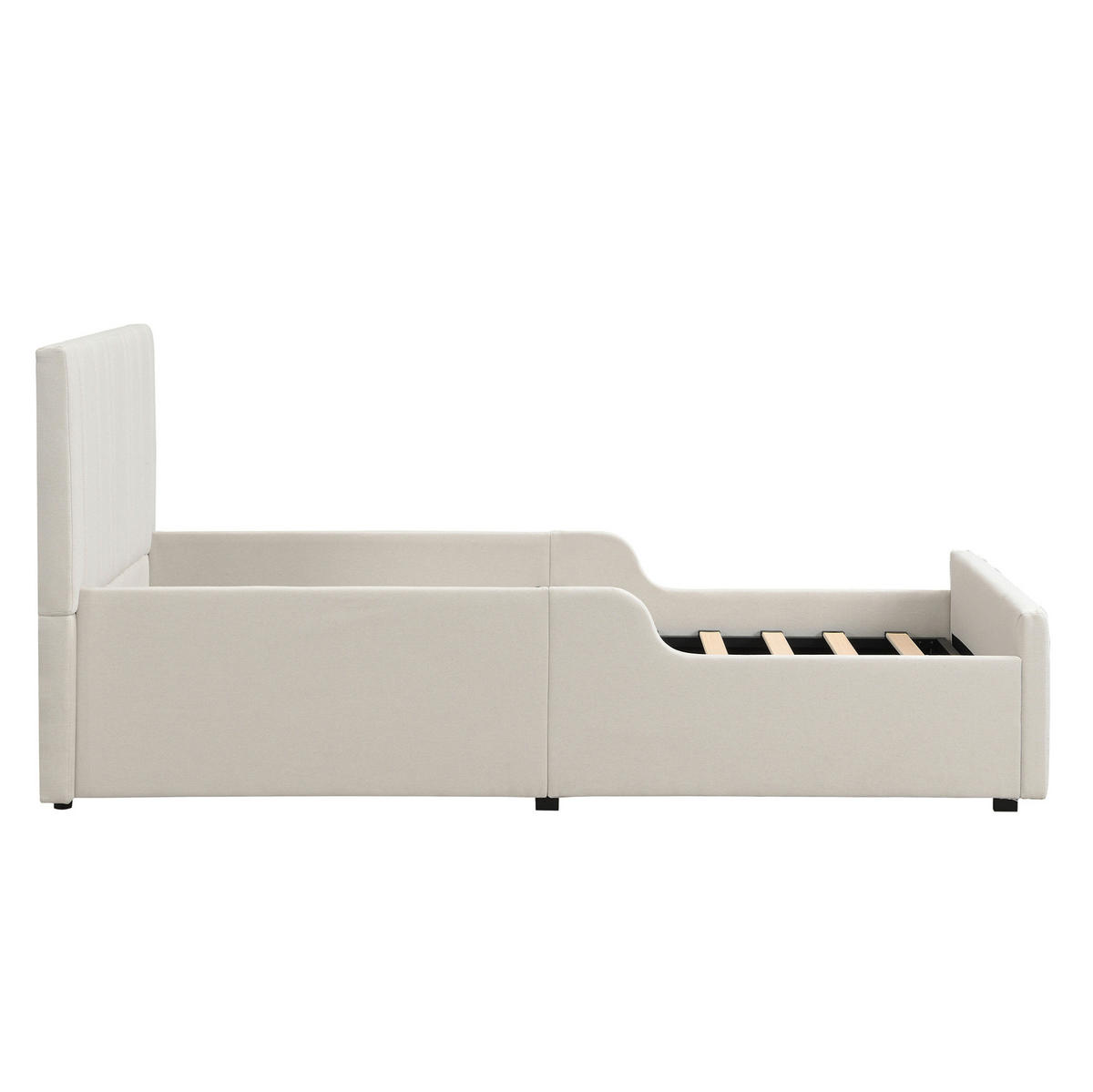 KINDERBETT 90/200 cm Beige aus Leinenstoff mit Lattenrost und Stauraum - Beige, Textil (90/200cm) - OKWISH