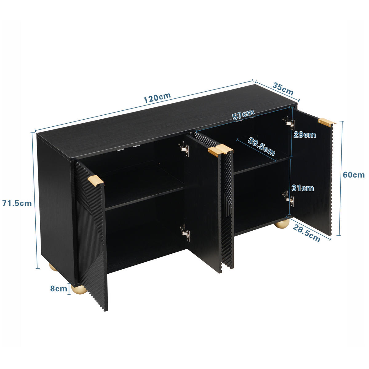 SIDEBOARD 120/35/71,5 cm aus MDF mit 4 gravierten Türen Schwarz - Schwarz, Holzwerkstoff (120/71.5/35cm) - Modenvie