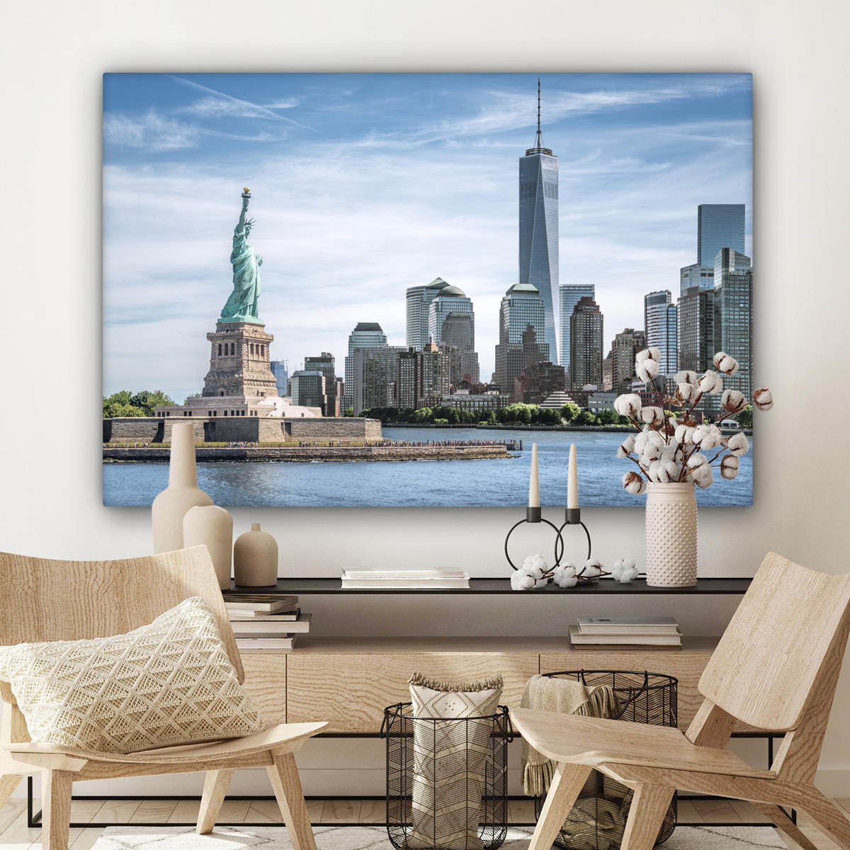 LEINWANDBILD New York - Freiheitsstatue - Wasser Wohnzimmer Groß 120x80 cm - Hellblau, Textil (120/80cm) - MuchoWow