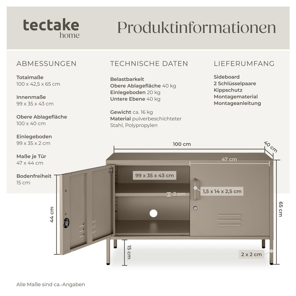 SIDEBOARD Baker, Kippschutz, höhenverstellbare Füße, taupe - Taupe, Metall (100/65/42.5cm) - tectake