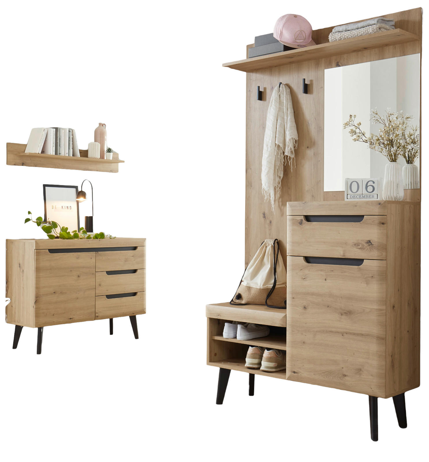 GARDEROBEN-SET Eiche Artisan, schwarz 232 cm, Garderobenkombination skandinavisch - Eichefarben/Schwarz, Holzwerkstoff/Metall (232/200/40cm) - Furn.Design