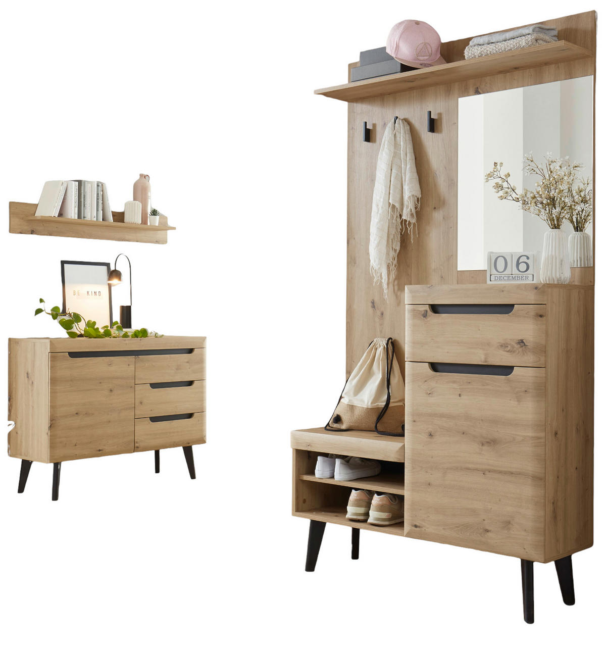 GARDEROBEN-SET Eiche Artisan, schwarz 232 cm, Garderobenkombination skandinavisch - Eichefarben/Schwarz, Holzwerkstoff/Metall (232/200/40cm) - Furn.Design