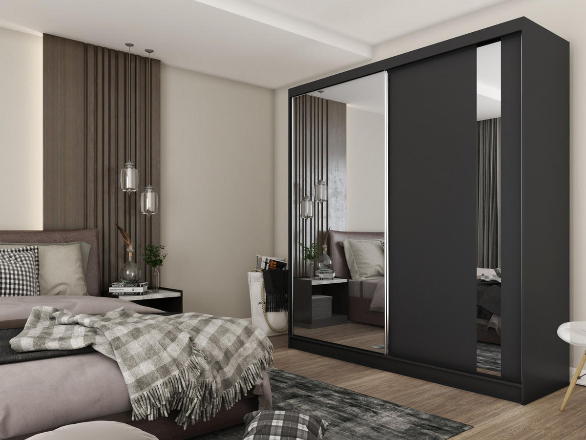 SCHWEBETÜRENSCHRANK GRAZIA 200/216/61 cm 2-türig mit Spiegel Schwarz - Schwarz, Holzwerkstoff (200/216/61cm) - MASSENO