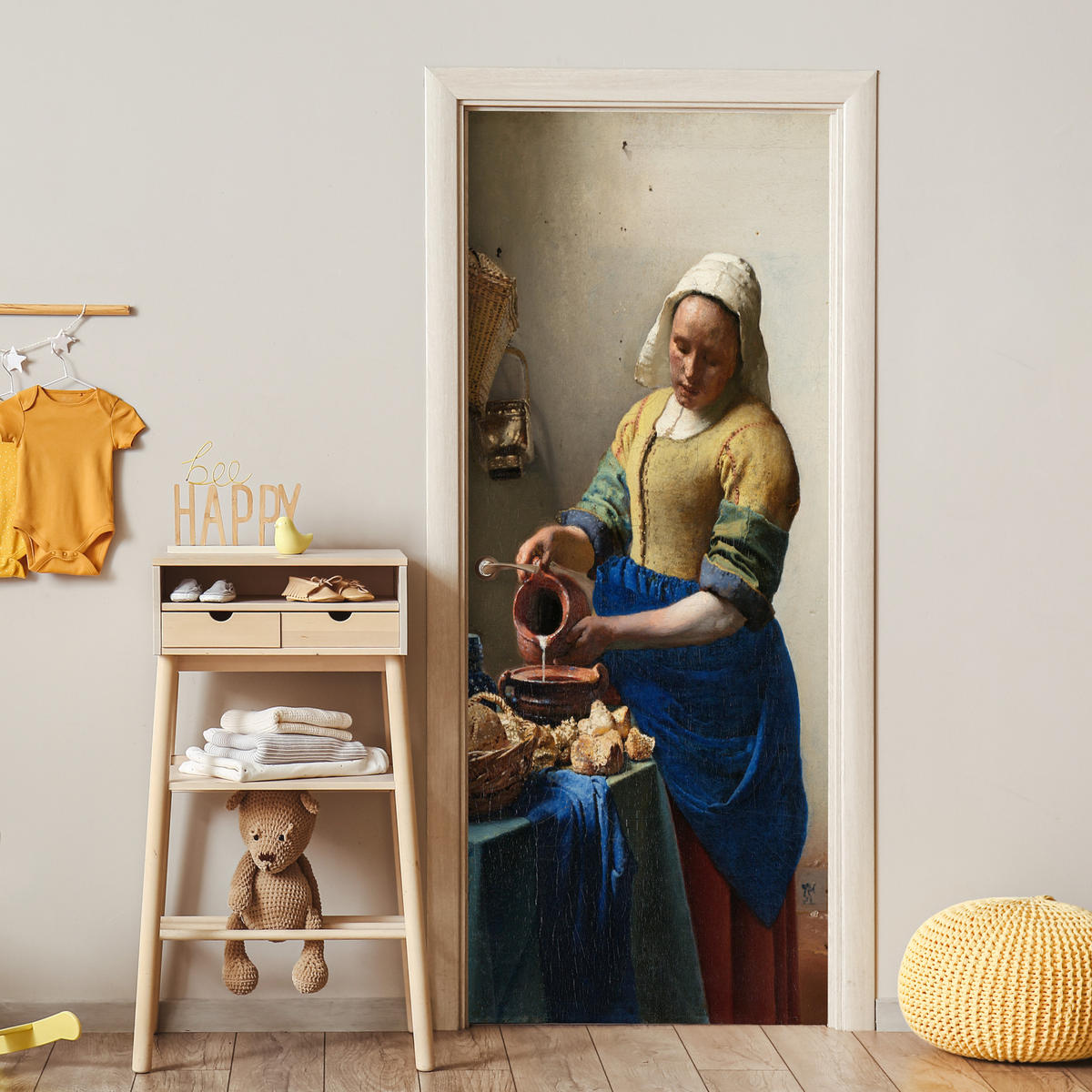 TÜRAUFKLEBER Das Milchmädchen - Johannes Vermeer Deko Schlafzimmer 95x215 cm - Türtapete - Dunkelblau, Kunststoff (95/0.1cm) - MuchoWow