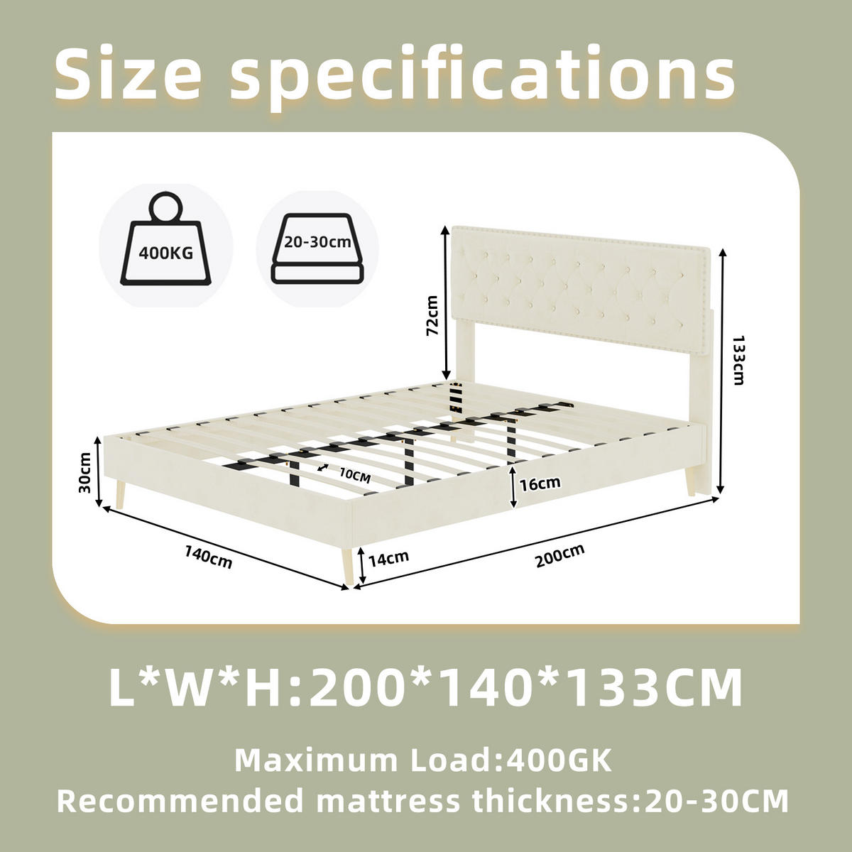 POLSTERBETT 140/200 cm DE-32971 mit Matratze Beige - Beige, Metall (140/200cm) - ComfortXL
