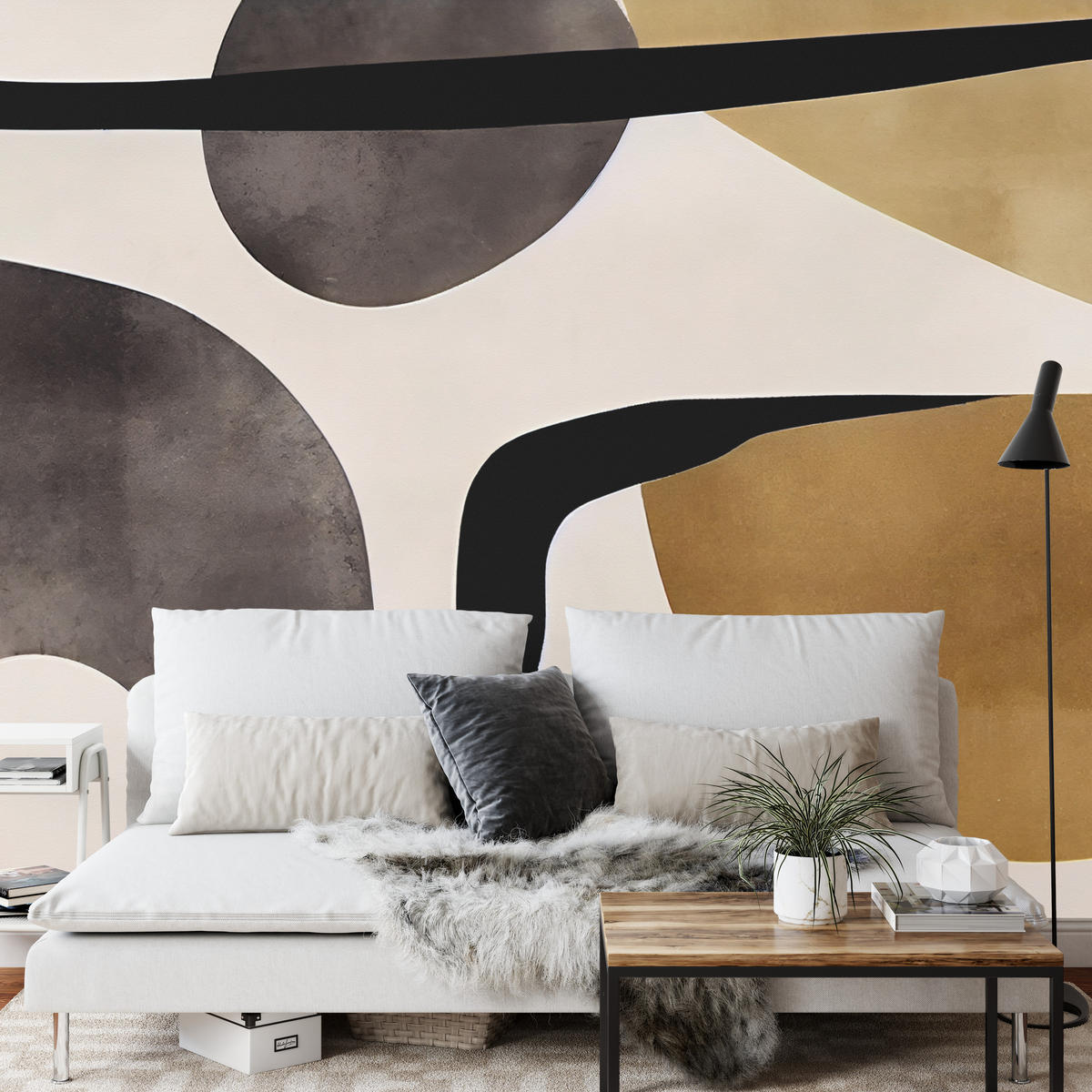 FOTOTAPETE für Wohnzimmer Retro Geometrische Formen Vintage 300x210 - Beige/Schwarz, Papier (300/210cm) - Muralo