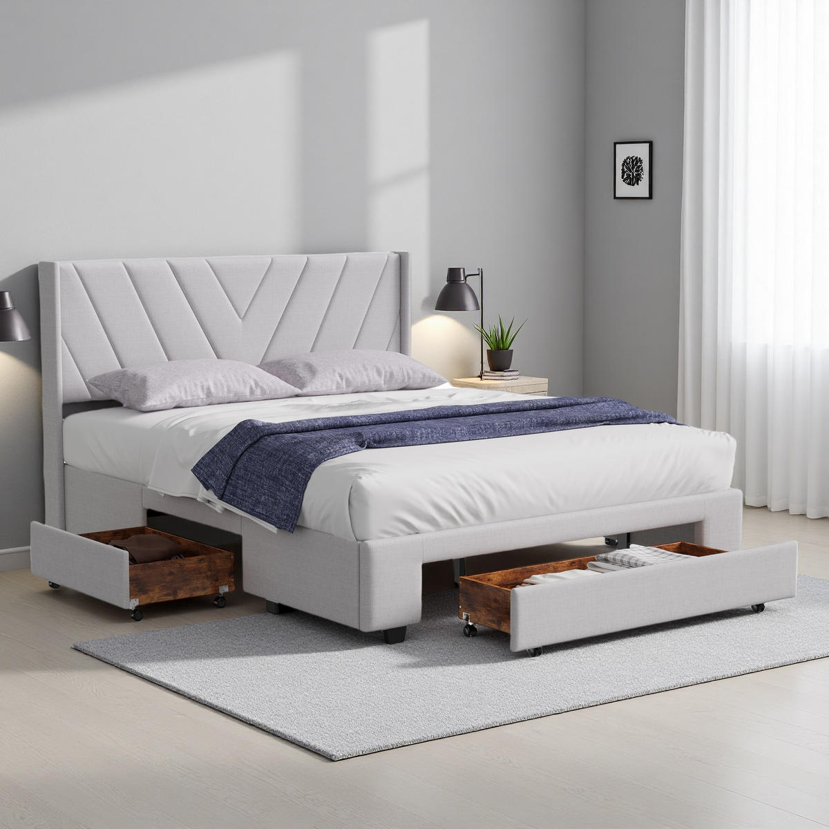 POLSTERBETT 140x200 cm Beige Stoff 3 Schubladen Stauraum - Beige, Holz (140/200cm) - SHOPENTRA