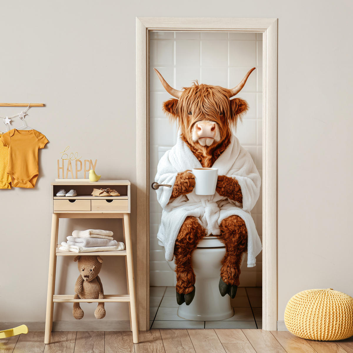 TÜRAUFKLEBER Selbstklebend - Schottisches Hochlandrind - WC - Bademantel - Modern - Tiere 95x235 cm - Türtapete - Kastanienfarben, Kunststoff (95/0.1cm) - MuchoWow