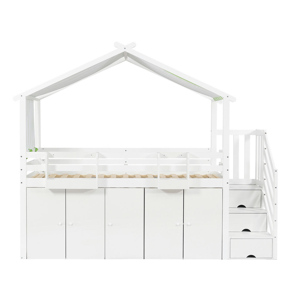 ETAGENBETT aus Kiefer und MDF 90x200 cm Weiß/Grün mit Stauraumtreppe, Schrank, Fallschutz und Dachdesign - Weiß, Holzwerkstoff (90/200cm) - Modfu