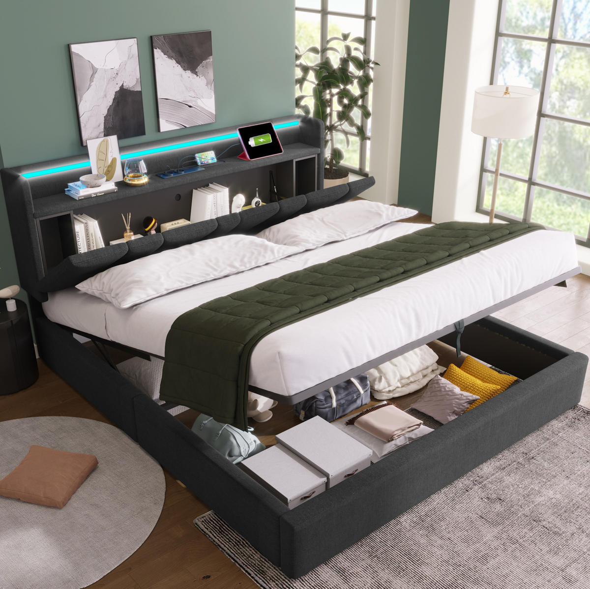 POLSTERBETT 160/200 cm Grau aus Leinen mit LED und Stauraum-Kopfteil - Grau, Textil (160/200cm) - OKMYHOME