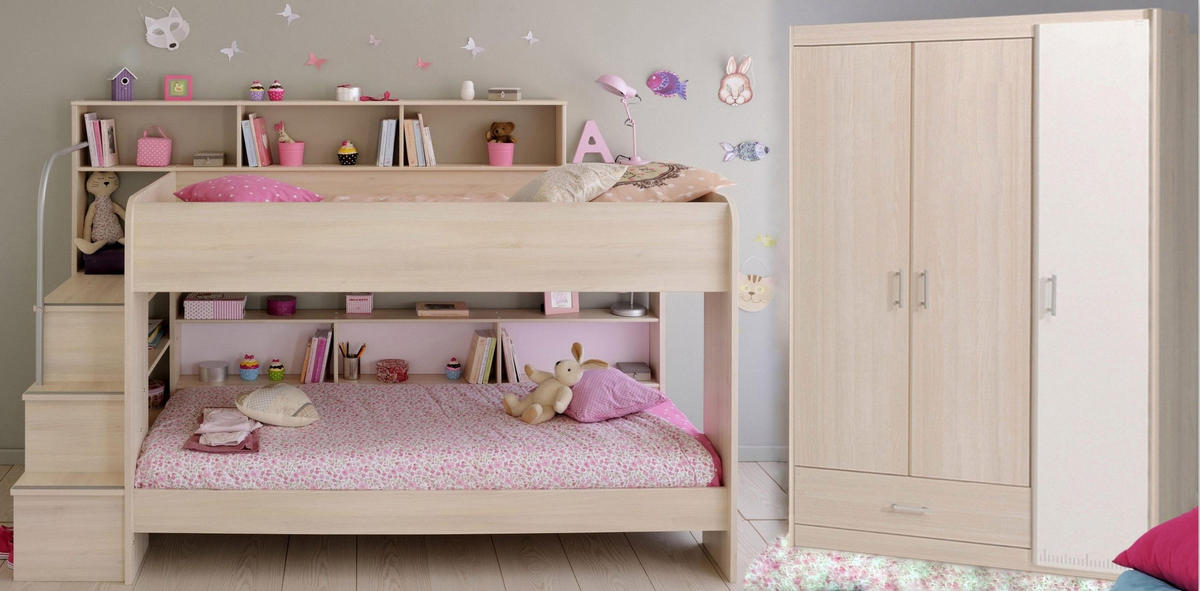 KINDERZIMMER Set 3-tlg mit Etagenbett Bettkasten und Kleiderschrank - Silberfarben/Akaziefarben, Holz/Holzwerkstoff (245/179/114cm) - Parisot Meuble