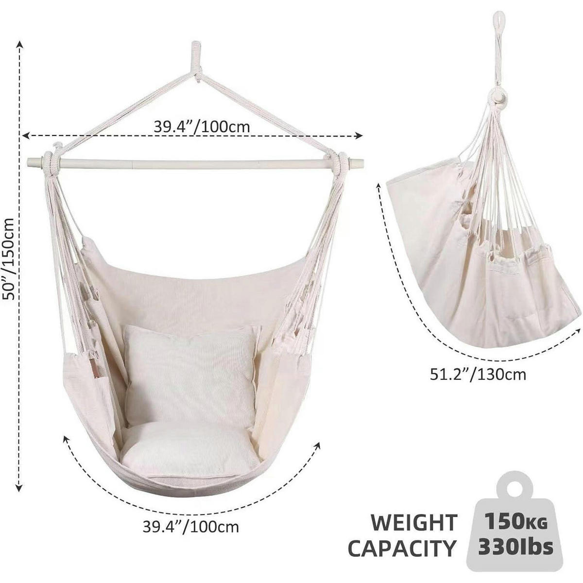 HÄNGESESSEL Baumwolle Beige mit 2 Sitzkissen - Beige, Textil (100/1.5/150cm)