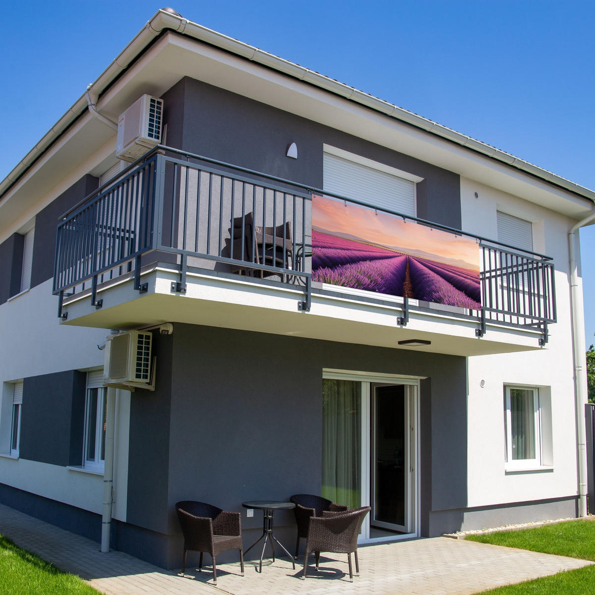 BALKON-SICHTSCHUTZ Lavendelfeld - Sonnenuntergang - Lila - Blumen - Violett, Kunststoff (200/90cm) - MuchoWow