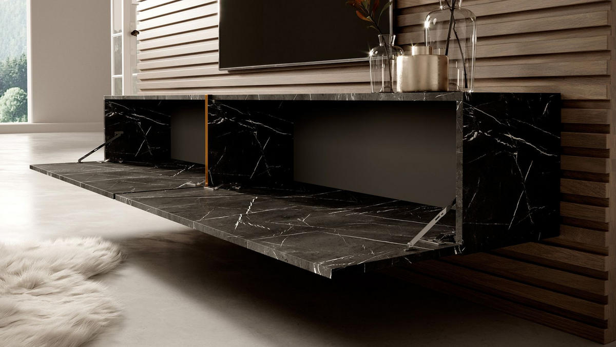 TV-LOWBOARD Bisira Schwarze Marmoroptik / Gold 200 cm - Schwarz, Holzwerkstoff (200/30/31.6cm) - Selsey