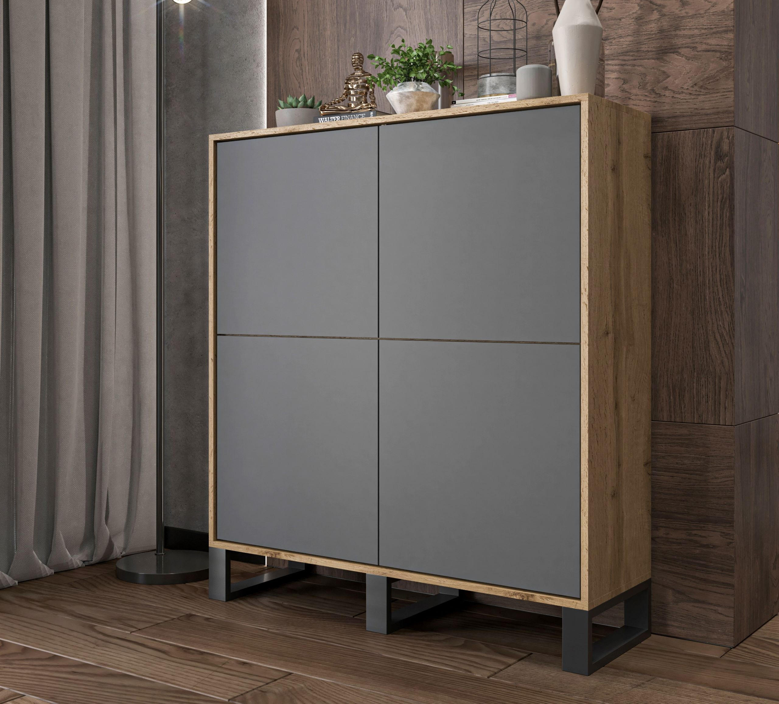 KOMMODE Apollo 4D Eiche wotan Graphit Matt mit metallbeinen 113 cm - Graphitfarben/Schwarz, Holzwerkstoff/Metall (113/127/35cm) - Meble Lindner
