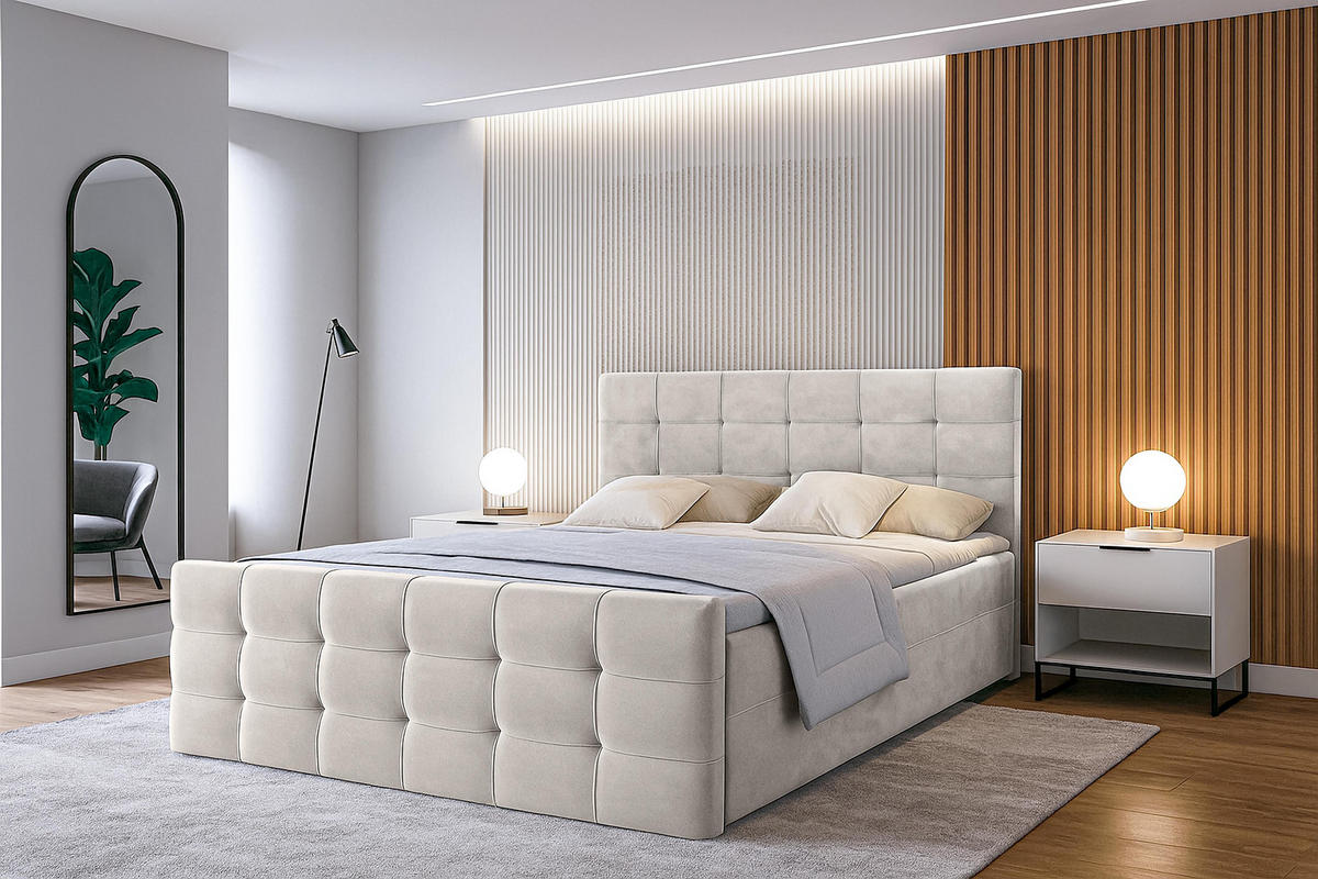 BOXBETT ARGENTARO 160x200 cm mit Bettkasten und Matratze - Beige - Beige/Schwarz, Holz/Holzwerkstoff (160/200cm) - AX Living