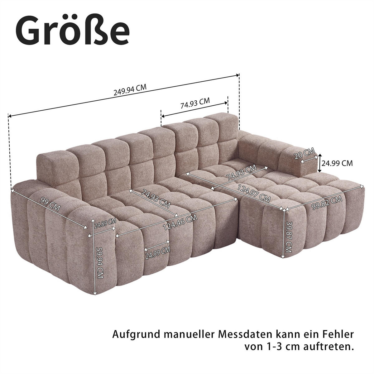 ECKSOFA 250/150 cm in Khaki modular in L Form aus Velours - Braun, Textil (99.9/249.9cm) - BEAOK