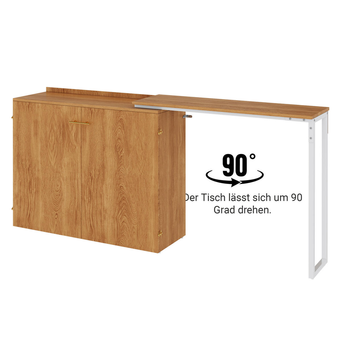 SKLÁPACIA posteľ 90/200 cm prírodná a biela z kovu a dreva s otočným písacím stolom, kolieskami a matracom - prírodná farba, prírodné materiály (90/200cm) - OKWISH