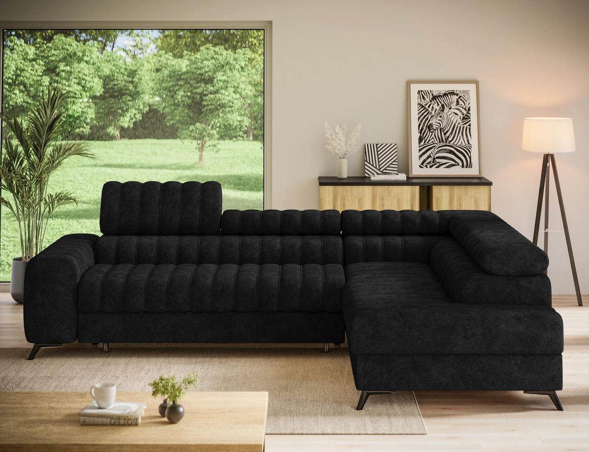 KANEDO Ecksofa mit Schlaffunktion und Bettkasten – Modernes Designsofa, verstellbare Kopfstützen, Metallfüße - Schwarz, Kunststoff (269/86cm) - Wohnideebilder