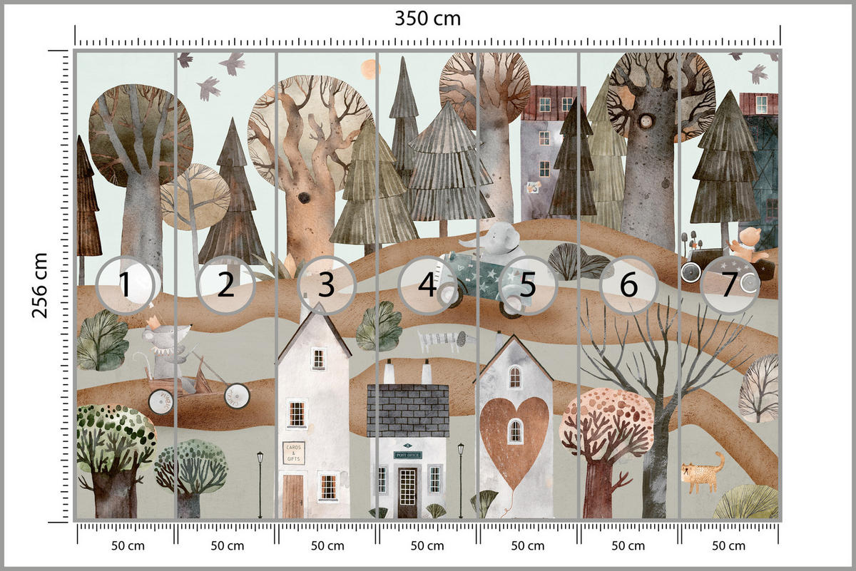 FOTOTAPETE für Kinderzimmer Fantastische Stadt Häuser Wald Tiere Autos 350x256 - Beige/Braun, Papier (350/256cm) - Muralo