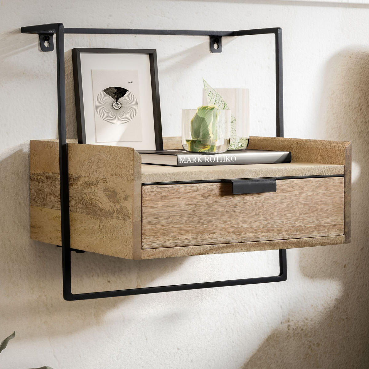 NACHTTISCH Mango Massivholz Wandmontage Schublade Boxspringbett, Beige 44x35x45 cm - Beige/Schwarz, Holz/Metall (44/45/35cm) - KADIMA DESIGN
