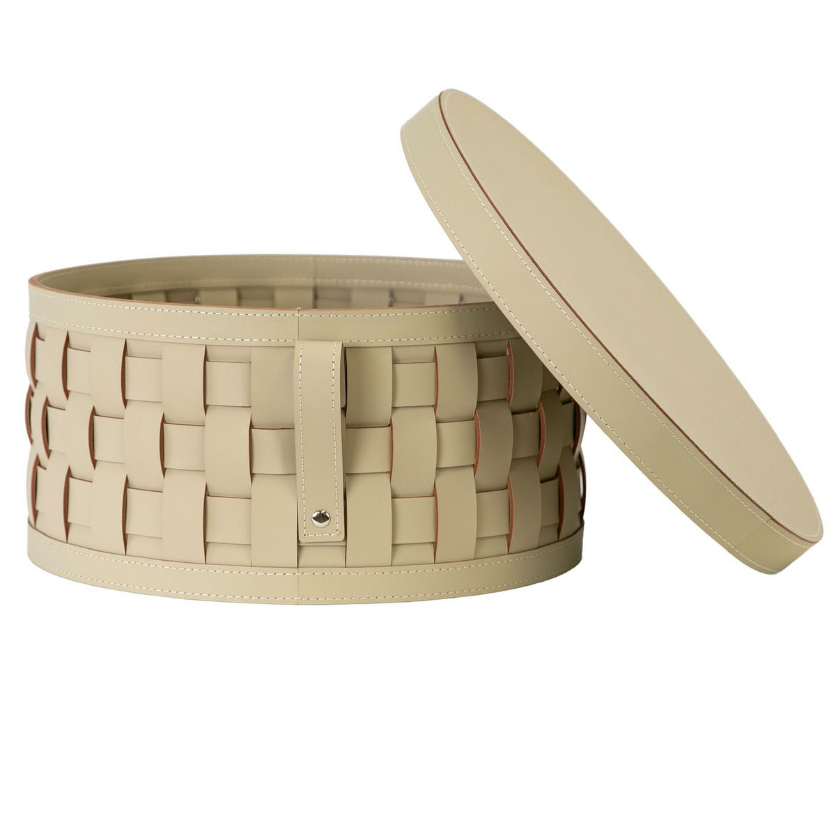 AUFBEWAHRUNGSKORB aus regeneriertem Leder in Sandfarbe mit Deckel Ø40/19 cm - Sandfarben, Leder (40/19/40cm) - ANGEL CERDA