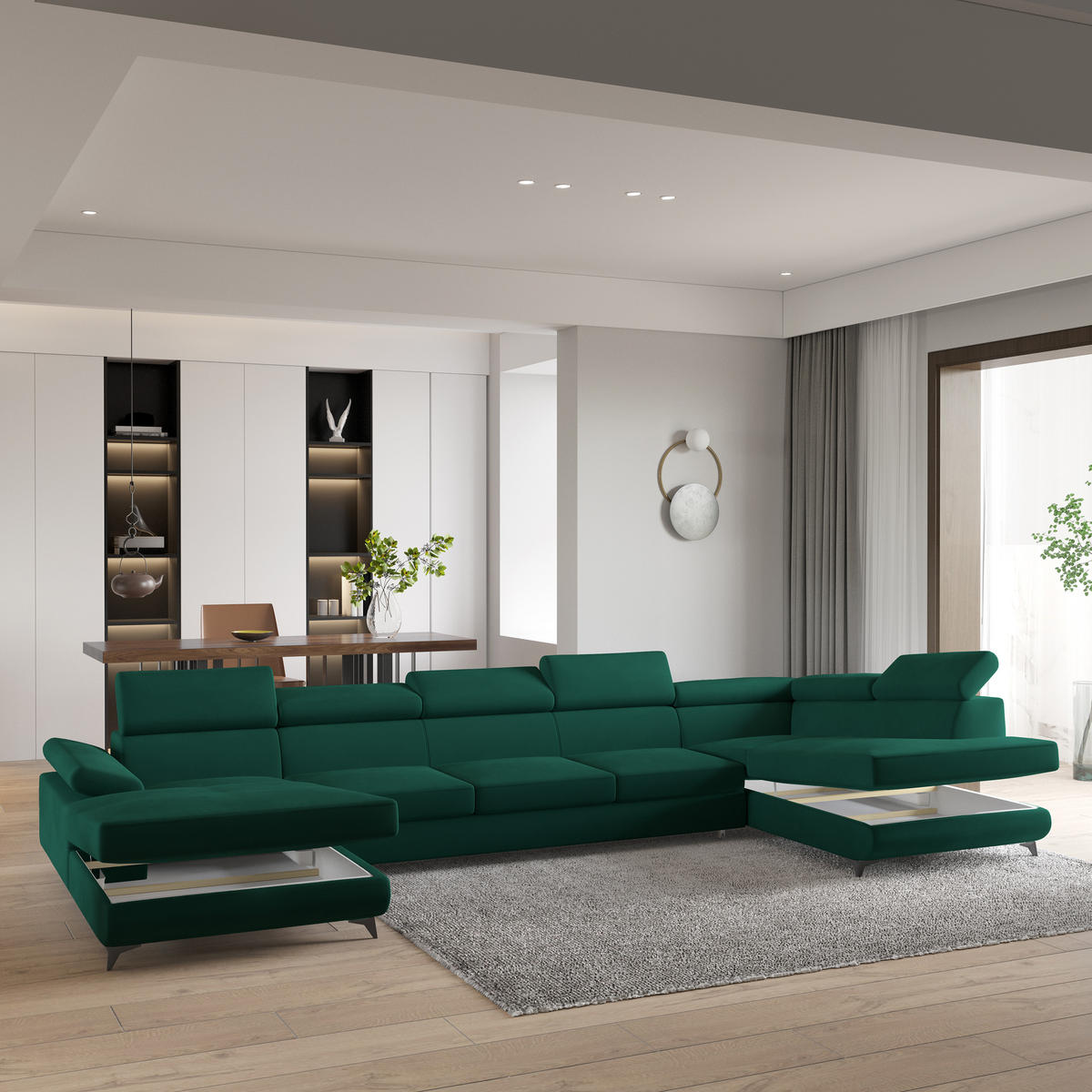 WOHNLANDSCHAFT MONTIVA Grün Velours-Stoff mit Schlaffunktion - Grün, Holz (410/89/190cm) - MASSENO