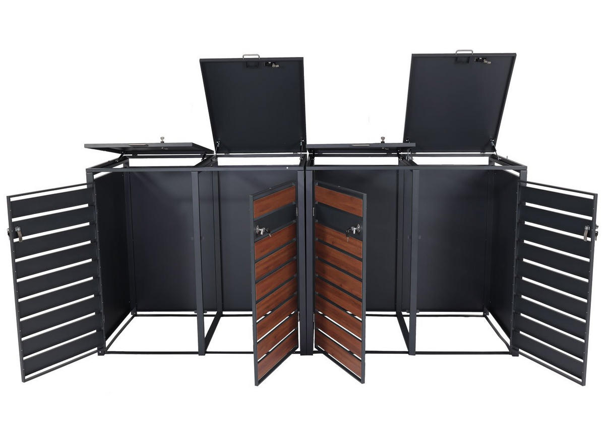 MÜLLTONNENBOX 4er/8er XL 117x284x98cm Metall 118kg Anthrazit Kirsche-Holzoptik Dunkelbraun - Kirschbaumfarben, Metall (284/117/98cm) - PROREGAL