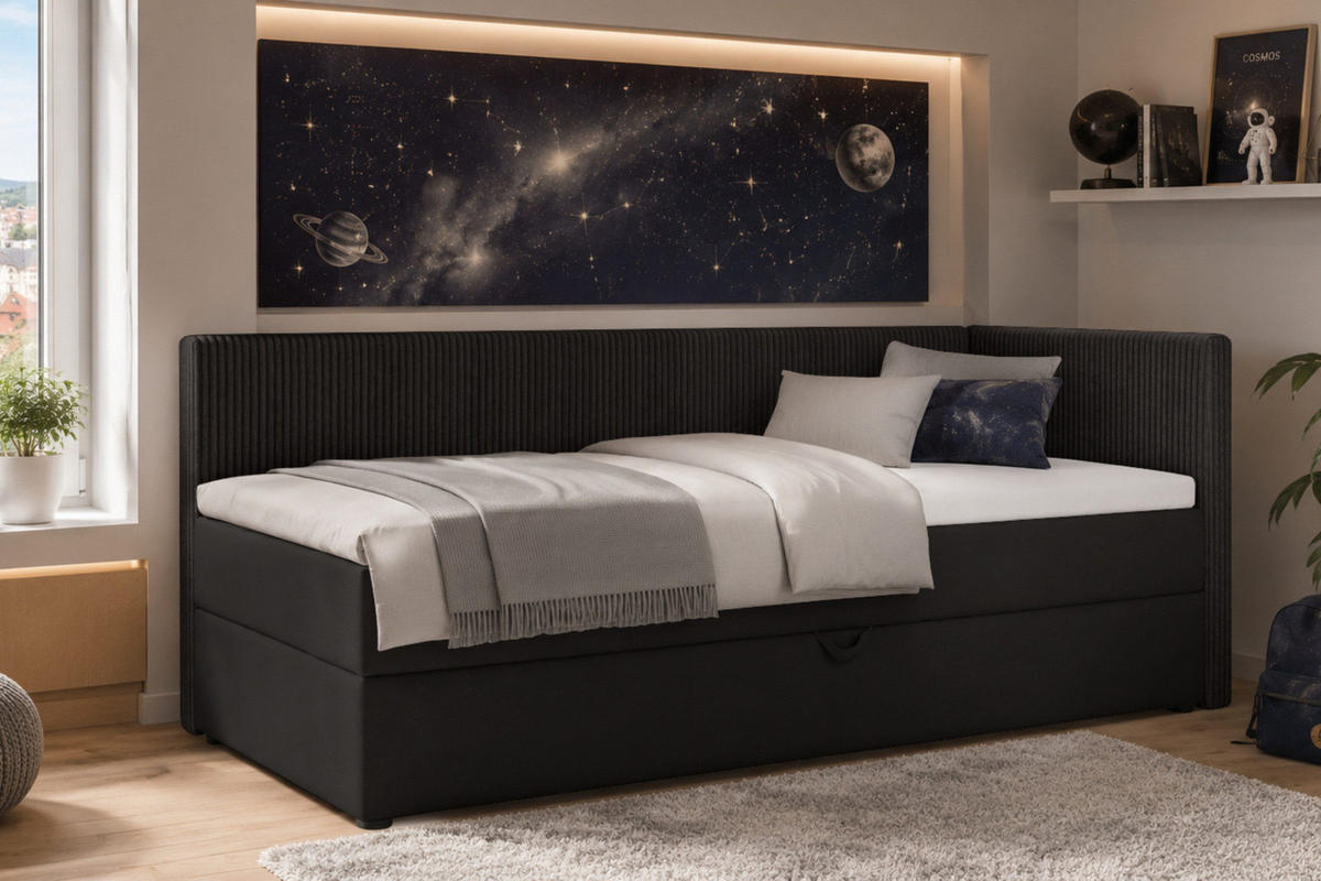 BOXBETT RICO 100/200 in Cord/Velours Schwarz H4 links - Schwarz, Holz/Holzwerkstoff (100/200cm) - Deine Möbel 24