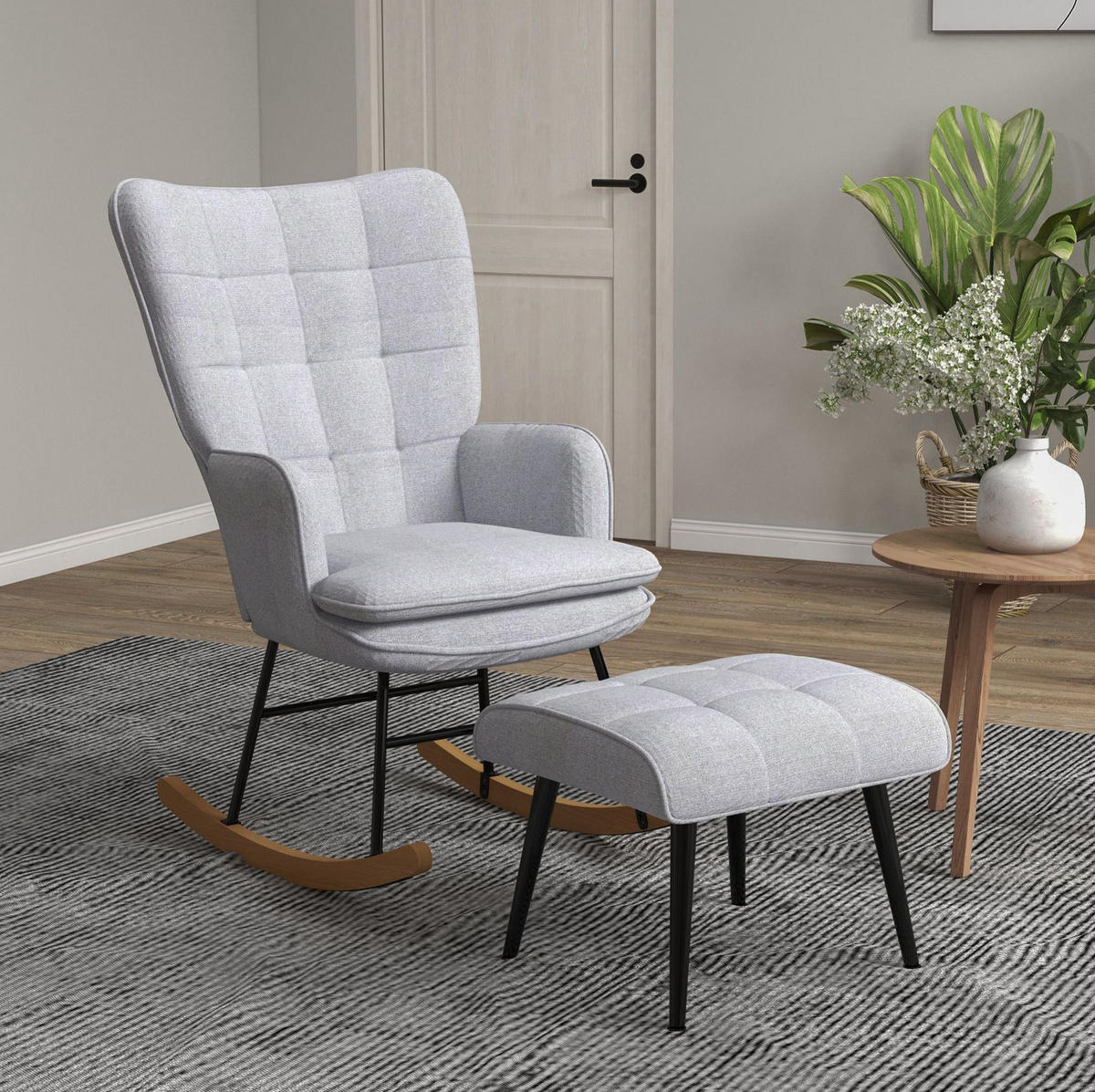 SCHAUKELSTUHL Set mit Hocker Polyesterbezug, Metallgestell 64/89/90 cm Hellgrau - Hellgrau, Textil (89/90/64cm) - Redom