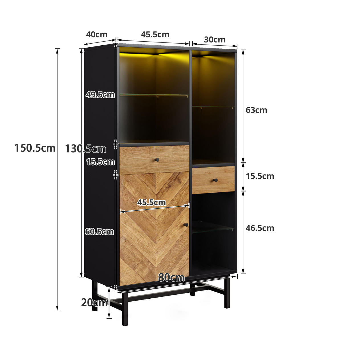 HIGHBOARD Schwarz und Holzoptik 80/40/150,5 cm - Schwarz, Holzwerkstoff (40/150.5/80cm) - Urban Meuble