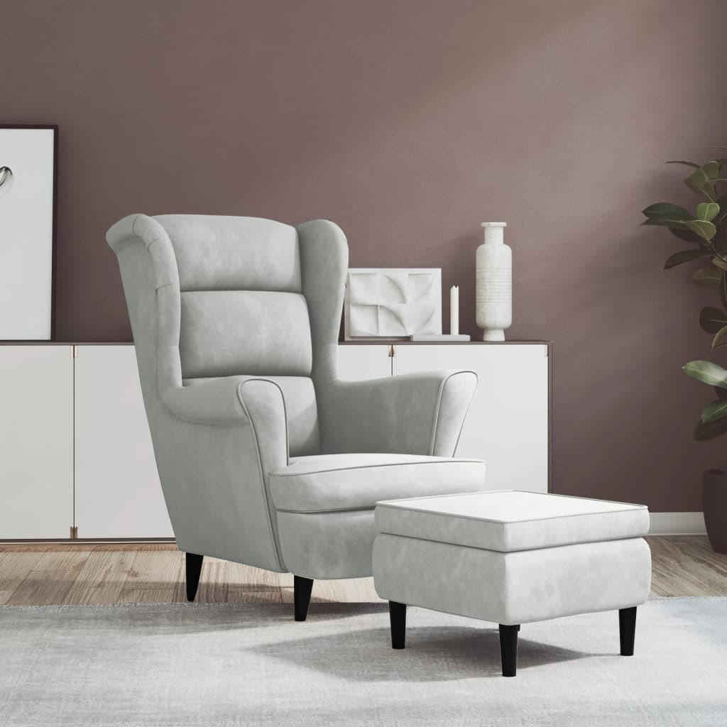 OHRENSESSEL mit Hocker Hellgrau Samt - Grau, Textil (78/96.5/90cm) - furnicato