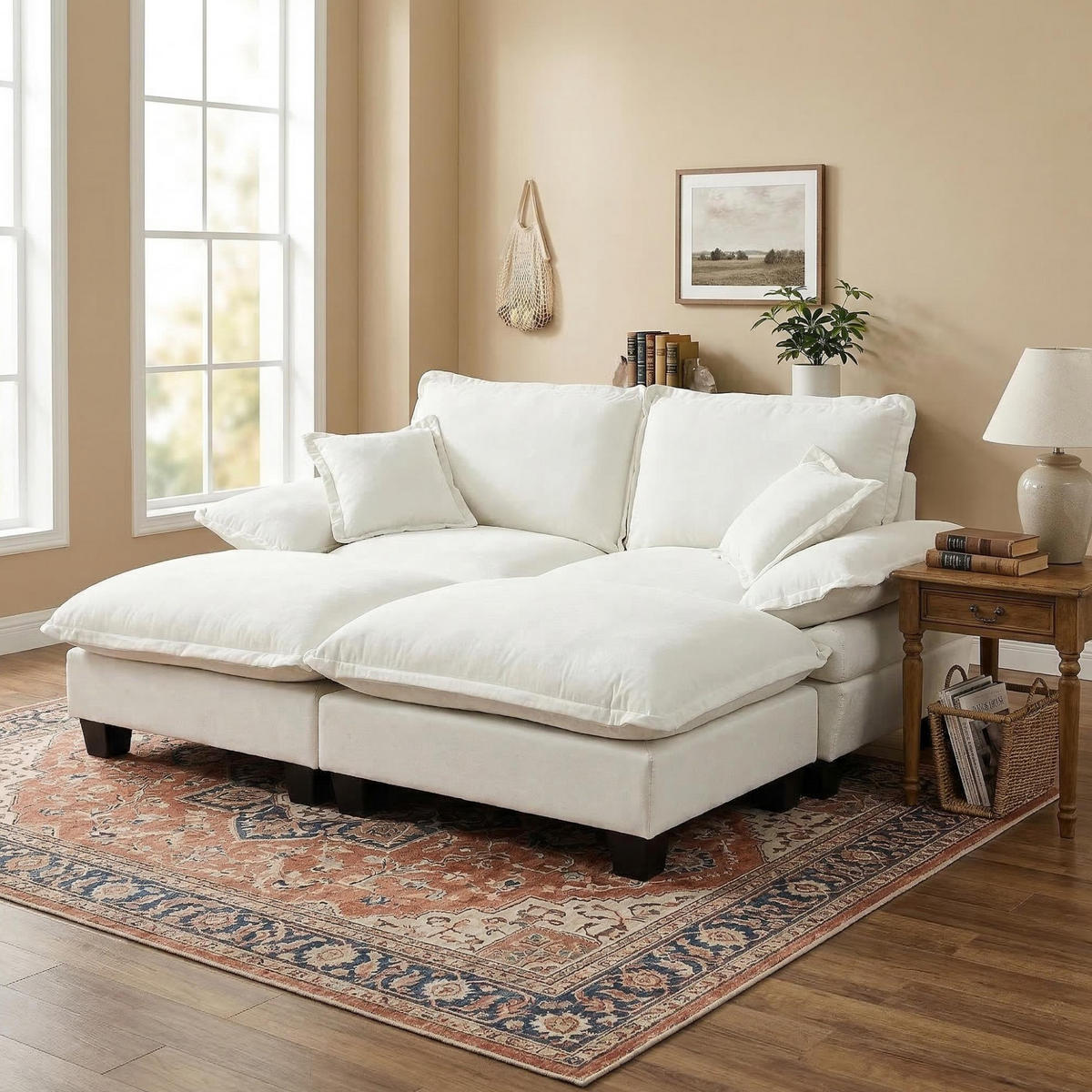 ECKSOFA 194/151/90 cm beige aus Chenille mit Ottomanen - Beige, Textil (151/194cm) - OKWISH