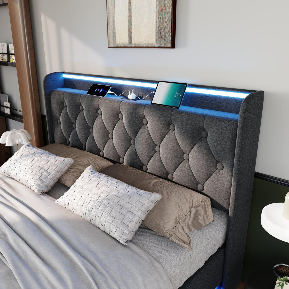 POLSTERBETT 160/200 cm Grau aus Leinen mit LED, USB Typ-C und Stauraum - Grau, Textil (160/200cm) - OKMYHOME