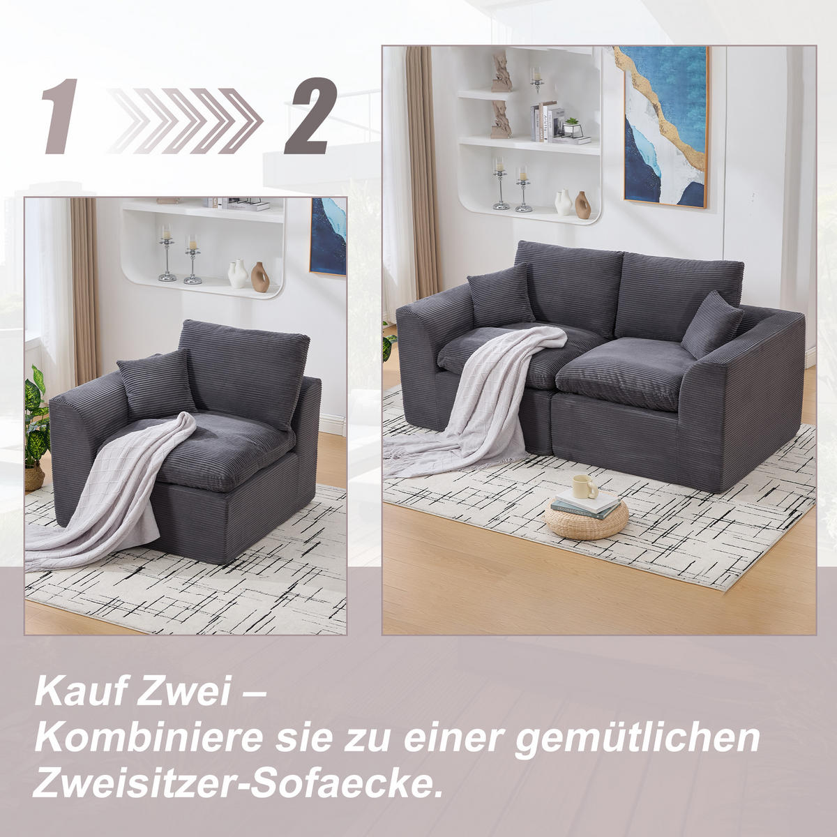 SESSEL Cord-Sofa mit Federkern-Polsterung und Kissen, Montagefrei - Dunkelgrau, Textil (101/84/102cm) - Urban Meuble