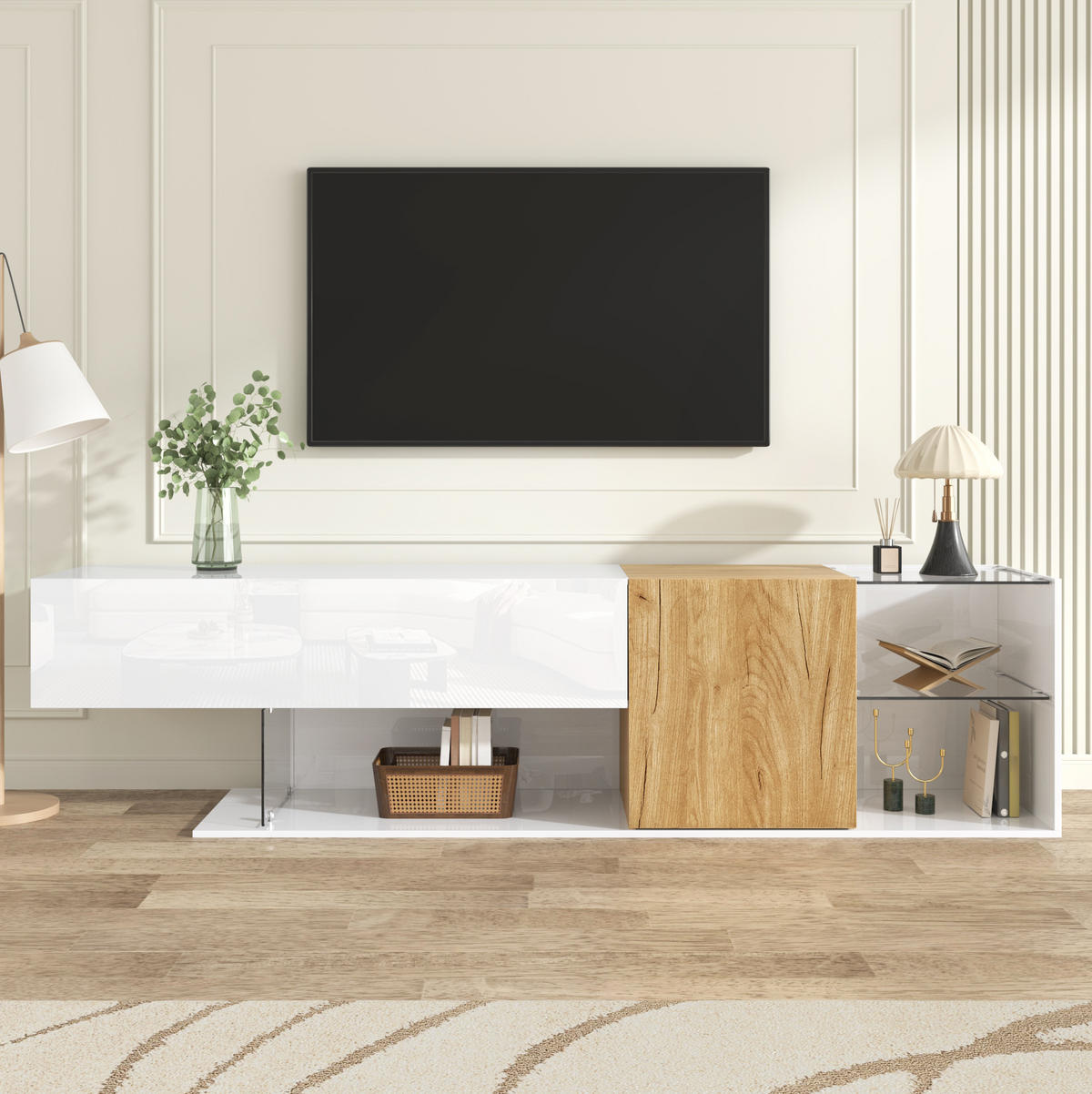 TV komoda z dřevotřísky 180x38x48 cm bílá/přírodní s částečným vysokým leskem, skleněnými policemi a úložným prostorem - bílá, kompozitní dřevo (180/48/38cm) - Modfu