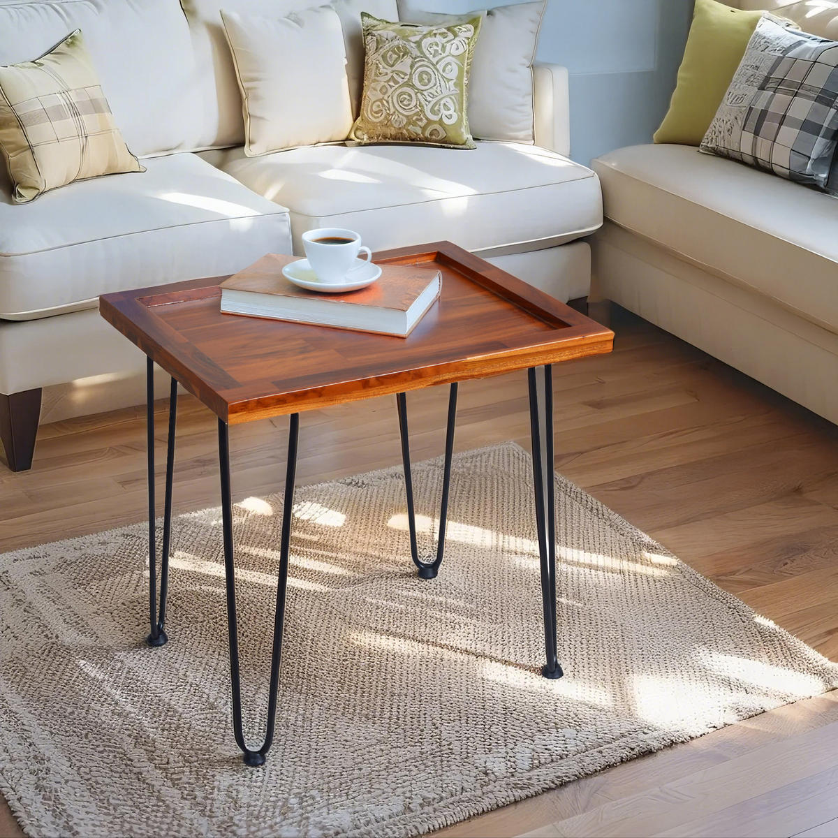 COUCHTISCH 55.5/45/53 cm Naturholz Mahagoni mit lackierten Eisenfüßen - Naturfarben, Holz (55.5/45/53cm) - OKWISH