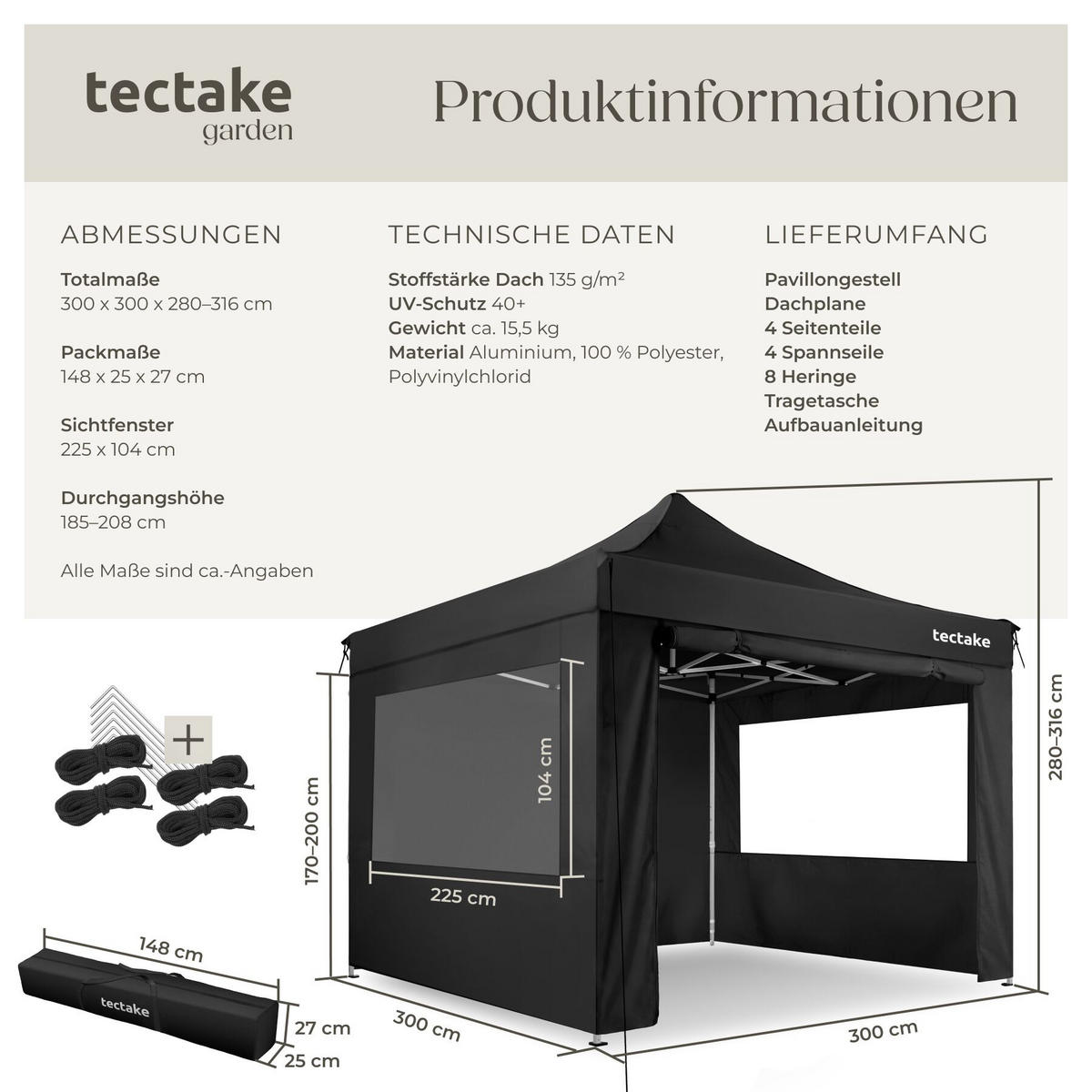 FALTPAVILLION aus Aluminium Olivia, inklusive Spannseilen, Heringen und Tragetasche, schwarz - Schwarz, Kunststoff (300/280/300cm) - tectake