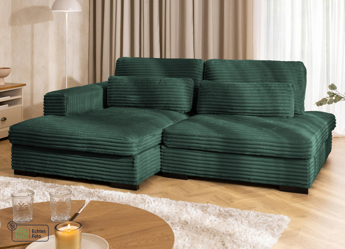 ECKSOFA Wolke mit tiefer Sitzfläche, Schlaffunktion und praktischem Bettkasten aus weichem Grün Cordstoff - Schwarz/Grün, Holz/Kunststoff (162/225cm) - S-Style