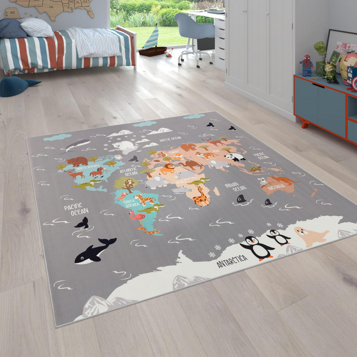 KINDERTEPPICH waschmaschinenwaschbar Tier‑Weltkarten‑Muster Kinderzimmer schmutzabweisend Grau Quadrat 200S - Grau, Textil (200/200cm) - KADIMA DESIGN