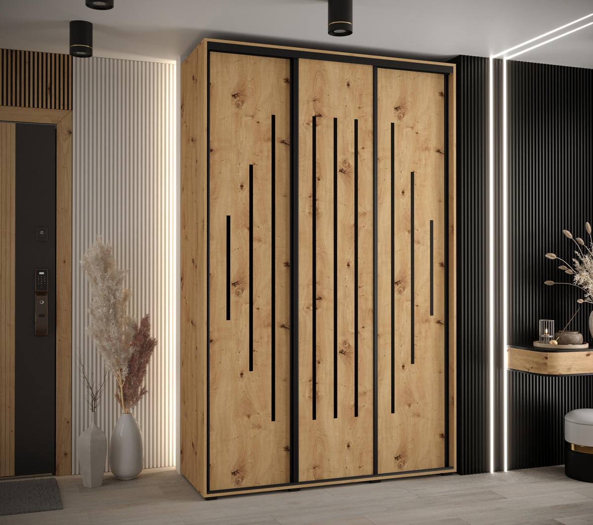 SCHWEBETÜRENSCHRANK 235,2/160/60 3-türig - Schwarz/Eiche Artisan, Holz/Metall (160/235/60cm) - Abiks Möbel