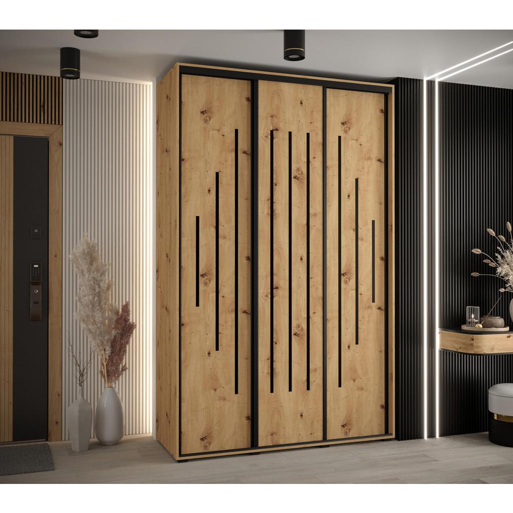 Thumbnail - Abiks Möbel Schwebetürenschrank, Eiche Artisan, Eiche Artisan, Schwarz, Metall, Nachbildung, 6 Fächer, 160x235x60 cm, Sc...
