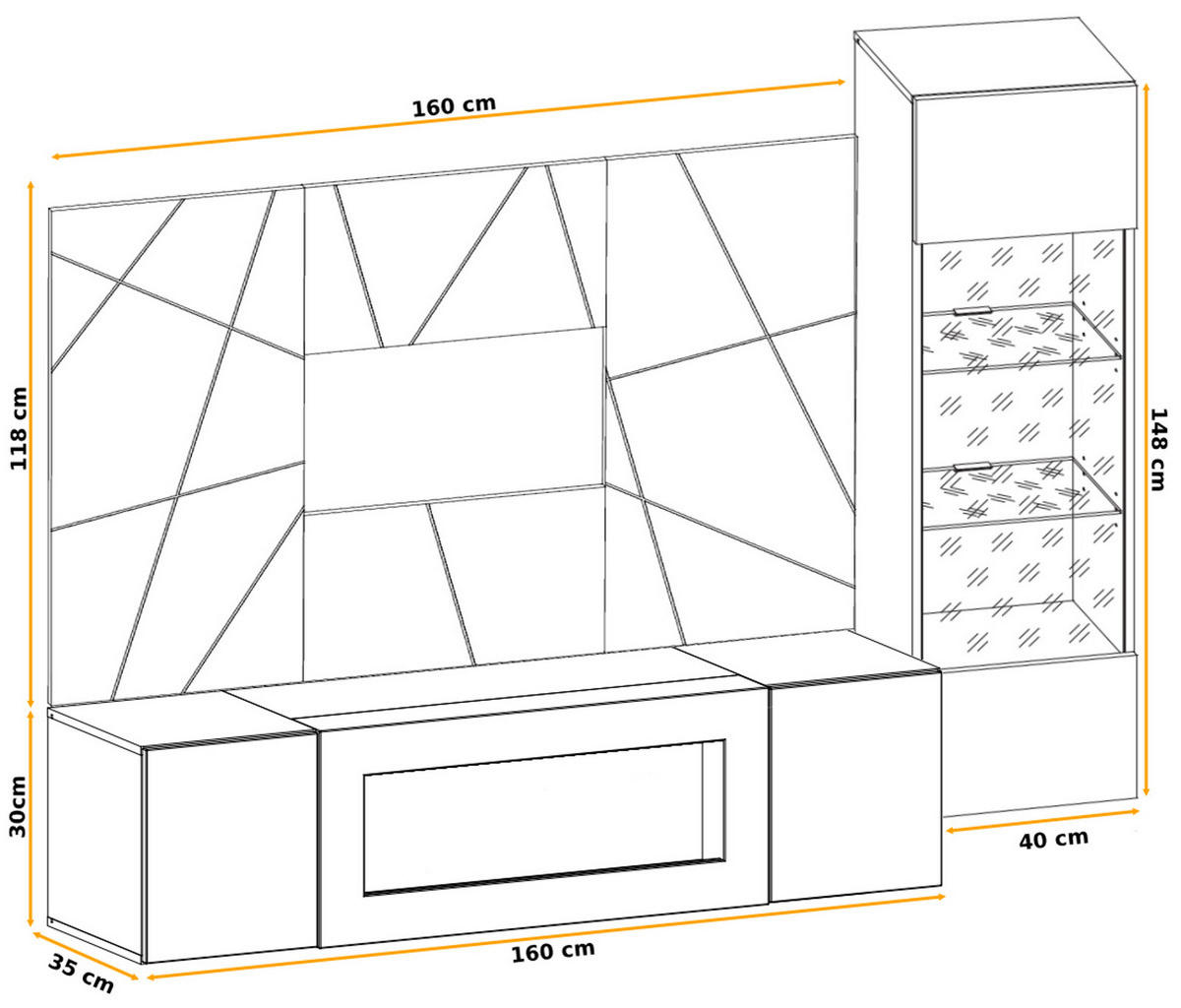 WOHNWAND hellgrau, schwarz, Eiche Artisan, Schrankwand 200 cm inklusive Ethanol Kamin - Hellgrau/Schwarz, Glas/Holzwerkstoff (200/148/35cm) - Inn.Furn