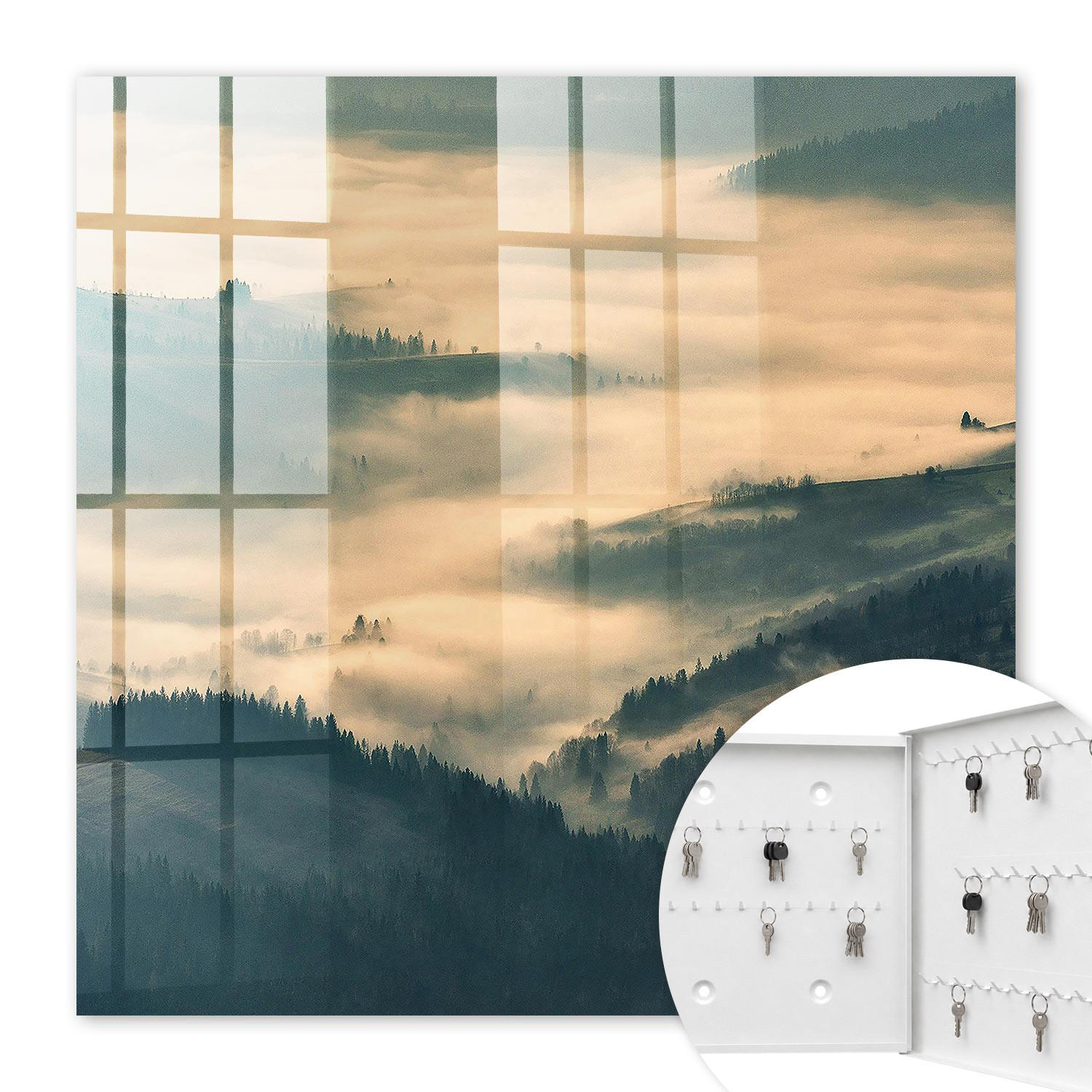 SCHLÜSSELBOX Weiß 30x30 cm – Türöffnung nach rechts - Nebelige Hügel - Grau, Metall (30/30/5cm) - TULUP