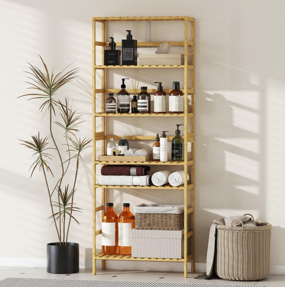 STANDREGAL aus Bambus 60x26x161 cm Naturholz mit 6 Ebenen, verstellbaren Regalböden und platzsparendem Design - Naturfarben, Naturmaterialien (60/161/26cm) - Modfu