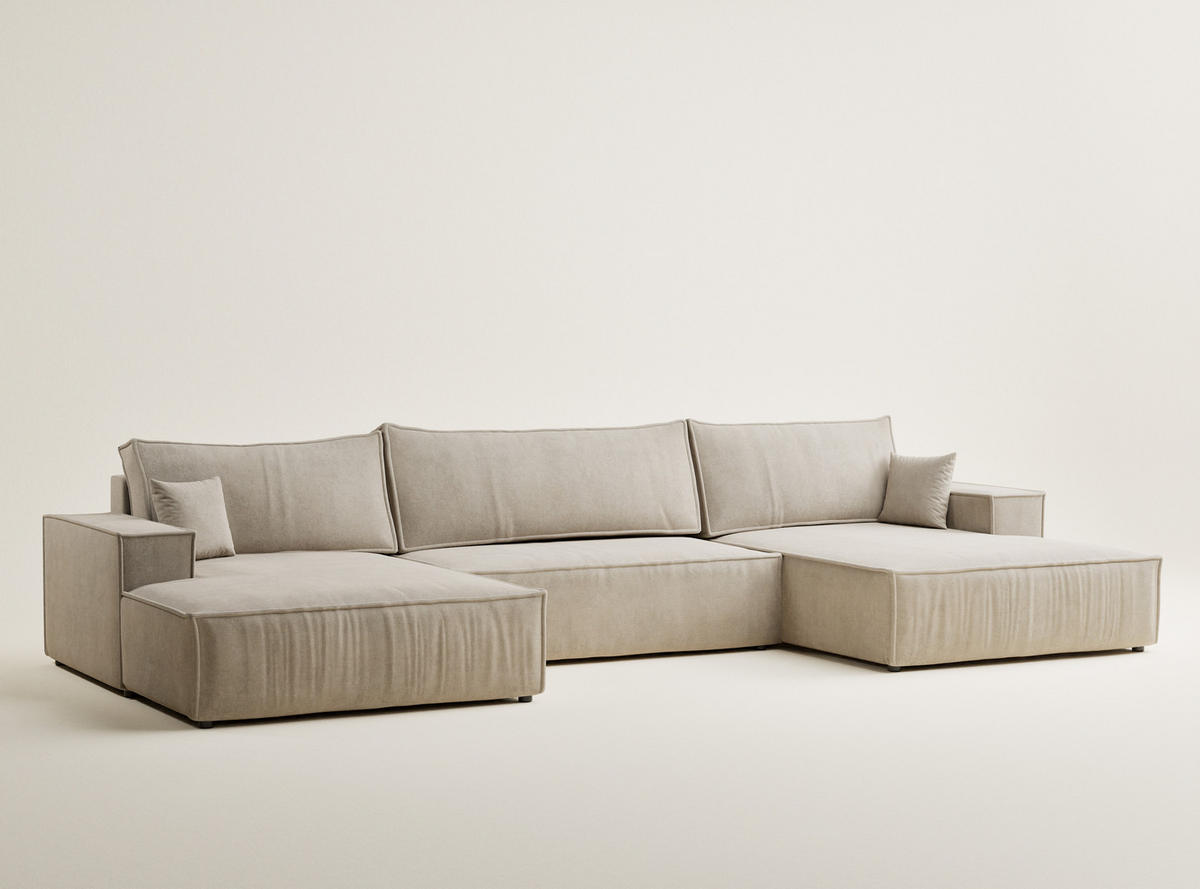 WOHNLANDSCHAFT Kyoto Beige Webstoff - Beige/Schwarz, Holz/Holzwerkstoff (398/70/148cm) - Maison de Reve