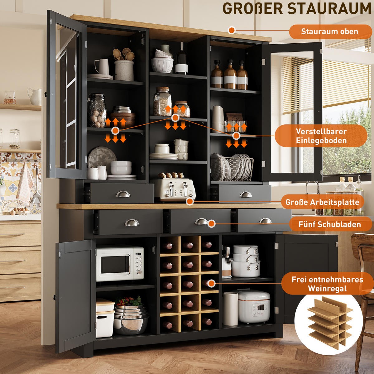 BUFFETSCHRANK Soft-Close Schwarz 120/40/185 cm - Schwarz, Holz (120/185/40cm) - PANGIVO
