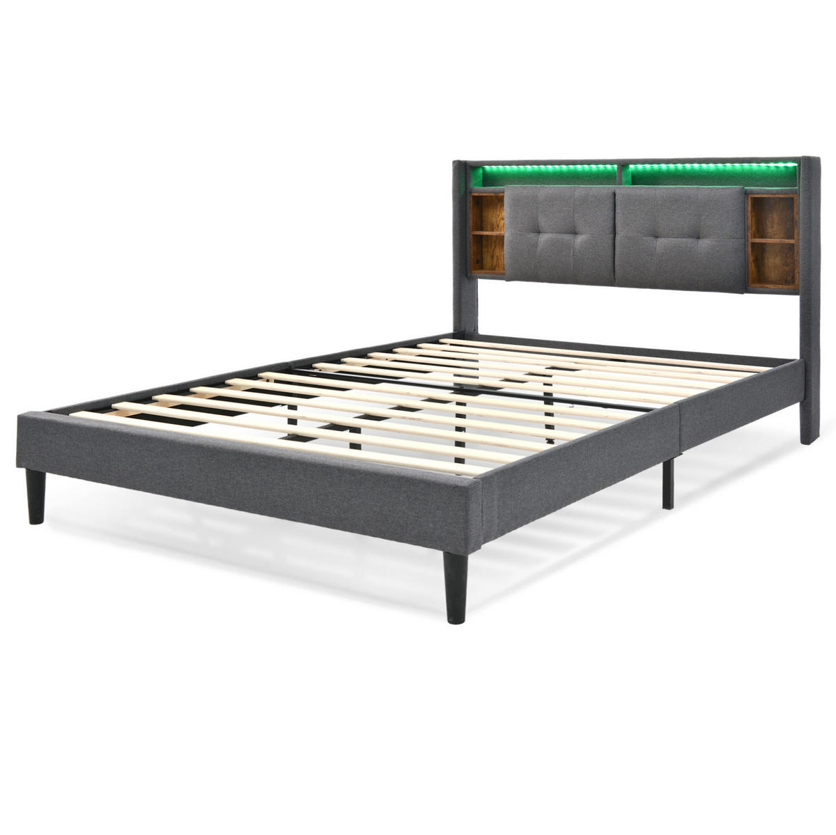 POLSTERBETT 160/200 cm aus Massivholz mit Stauraum-Kopfteil USB und LED Grau - Grau, Holz (160/200cm) - Modenvie